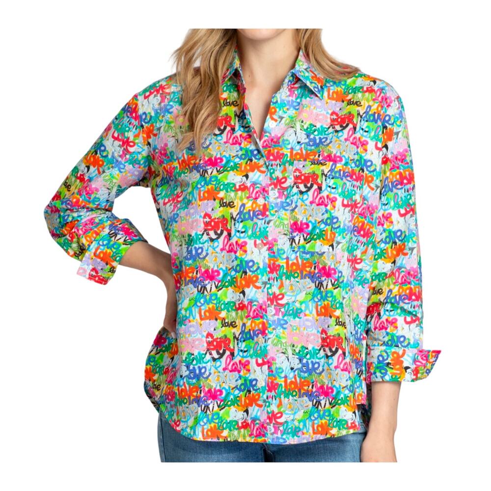 APNY Women's Long Sleeve Button Up Blouse Rainbow Love Grafitti Print Artsy Sz S